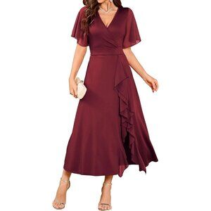 Zaful Womens Burgundy V Neck Flared Sleeve Split Semi Formal Modest Gowns